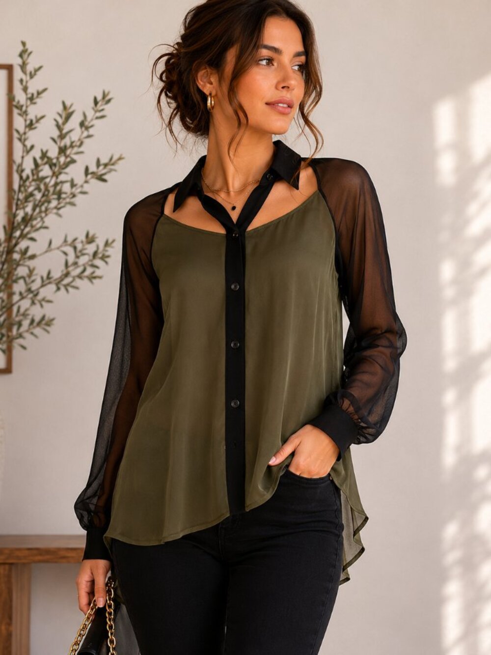 Tobi Black & Olive Cutout Button-Up Blouse | Size Small